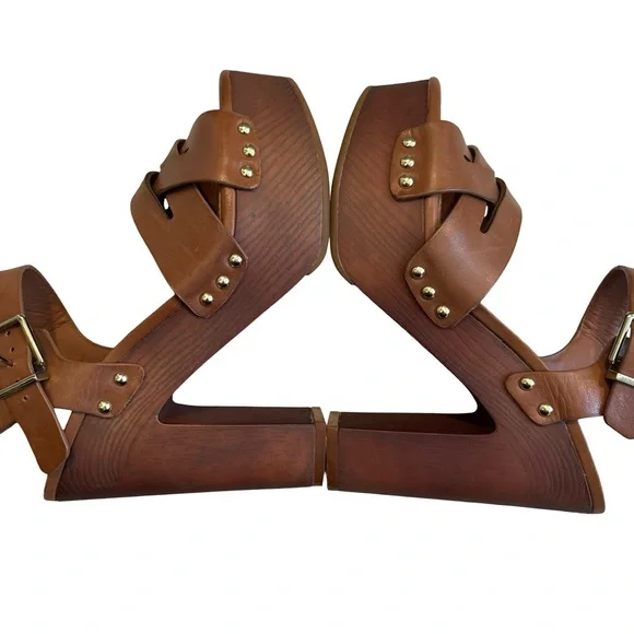 Gianni Bini Brown Leather Wood Platform Sandals, Sz 7 - Picture 8 of 13